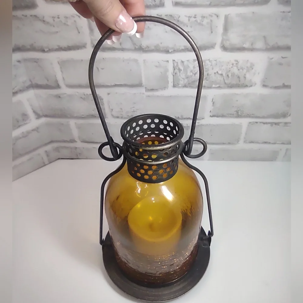 Amber Glass Lantern Flameless Candle Holder